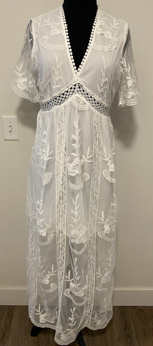 NWT Sheilay Womens Lace Dress Size Large Boho Fairy Sheer Flowy Feminine Beachy